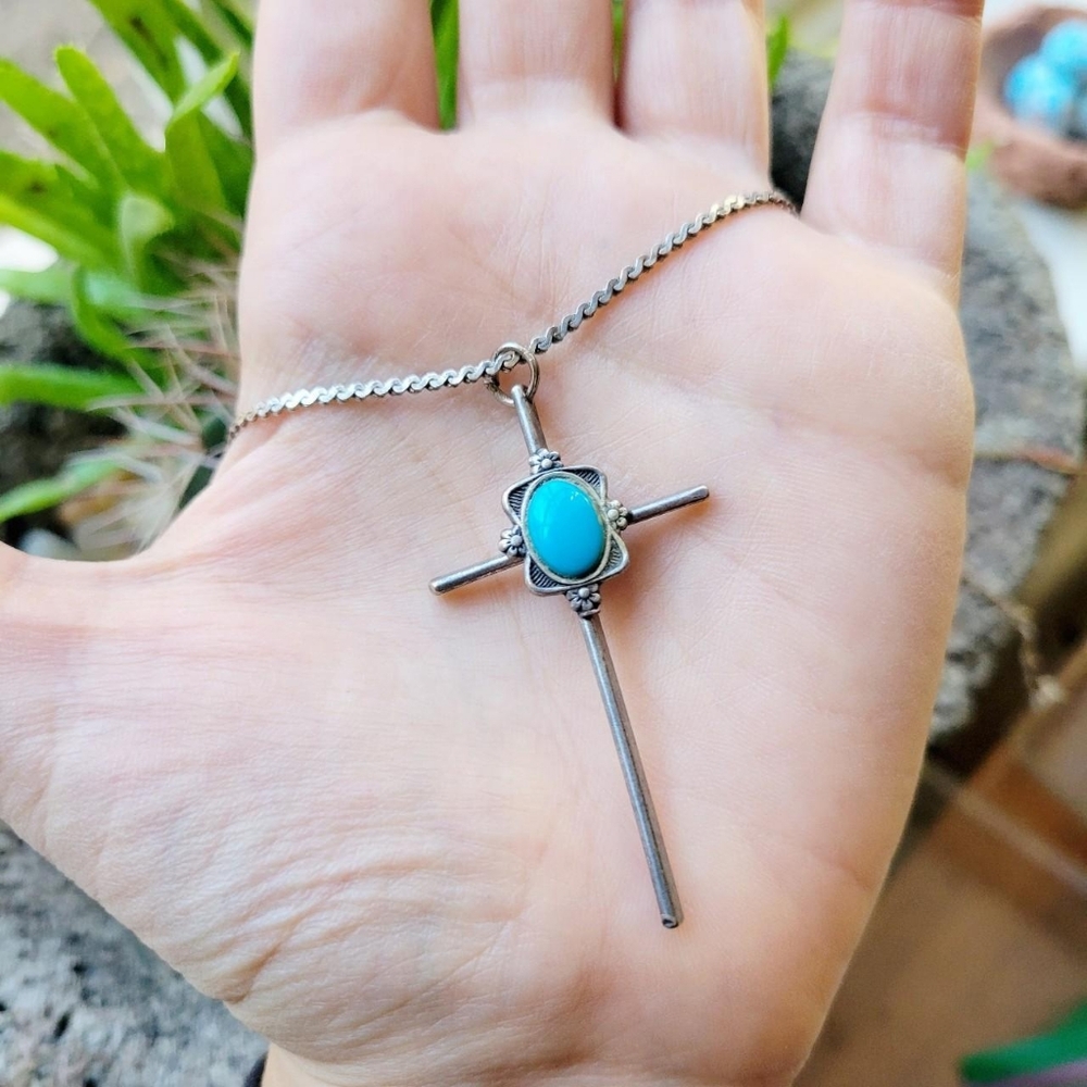 Vintage Turquoise Ornate Floral Cross Necklace